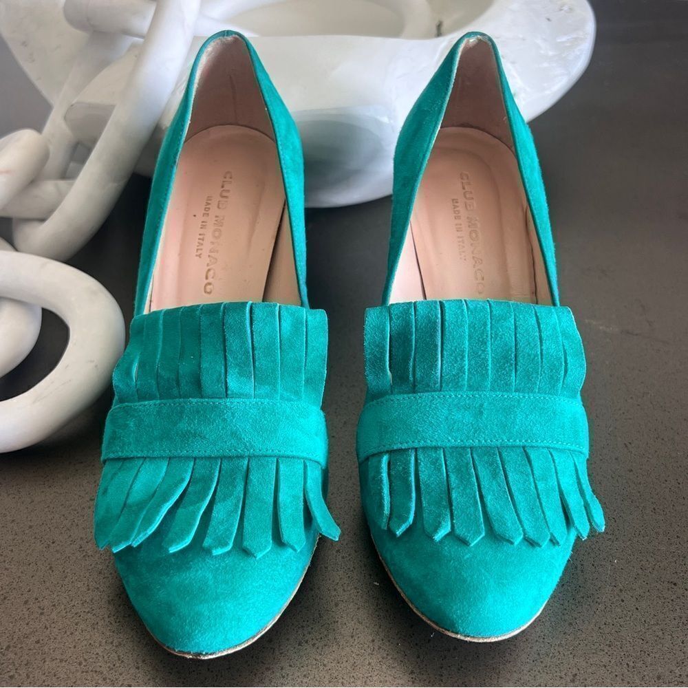 Club Monaco Teal Suede Fringe Heels -
Size 37 1/2